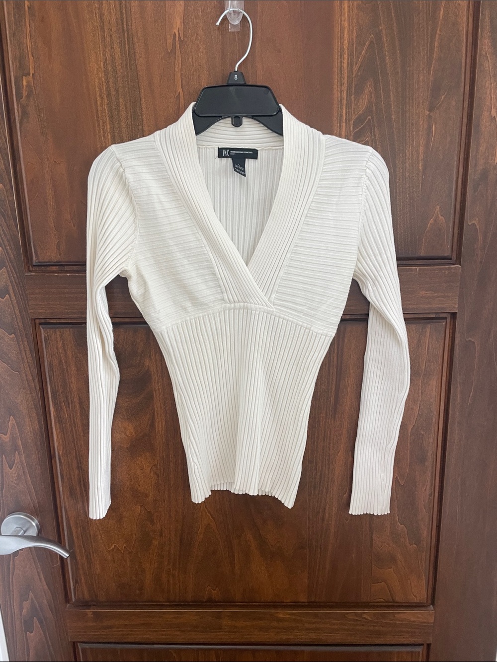 INC International Concepts Cream Ribbed V-Neck Fitted Sweater